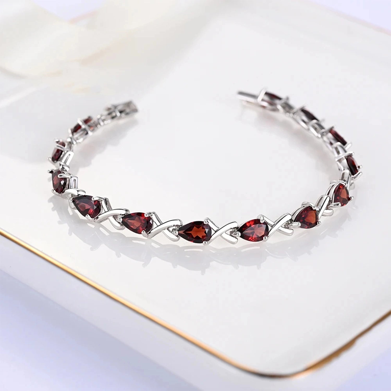 Garnet Geometric Silver Bracelet